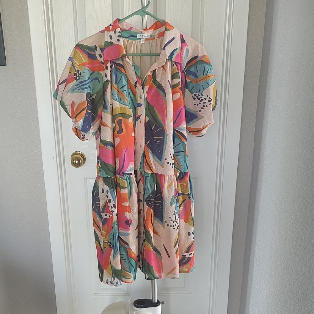 TCEC Pink and Blue Puff Sleeve Mini Sundress